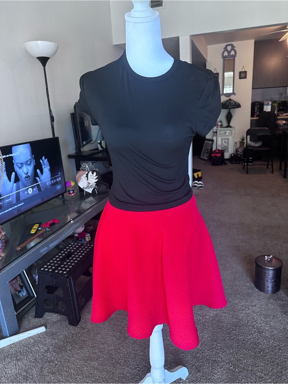 Black Top with Red A-Line Skirt — Women's Two-Piece Look
